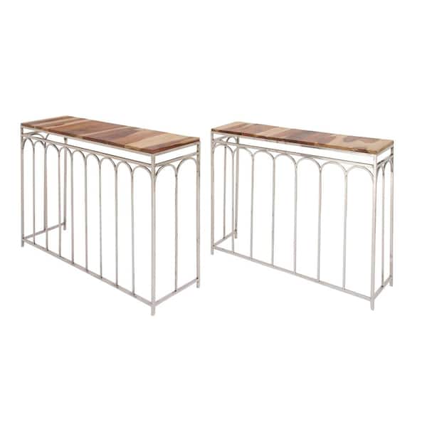 Litton Lane Modern Stainless Steel and Rosewood Nesting Console Tables (Set of 2)