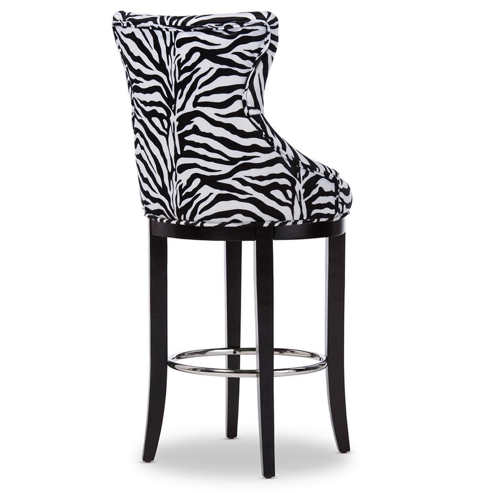 Modern Black and White Zebra Print Upholstered Bar Stool with Metal Accents
