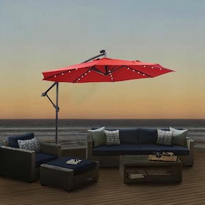 10 ft. Steel Cantilever Solar Patio Umbrella in Burgundy with 32 LED Lights and Cross Stand