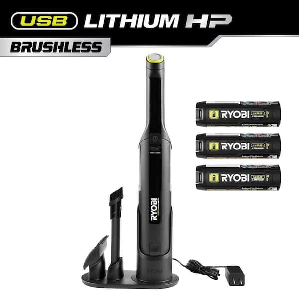 USB Lithium HP Compact Hand Vacuum Cleaner Kit with (3) USB Lithium 2.0 Ah Batteries and Charger