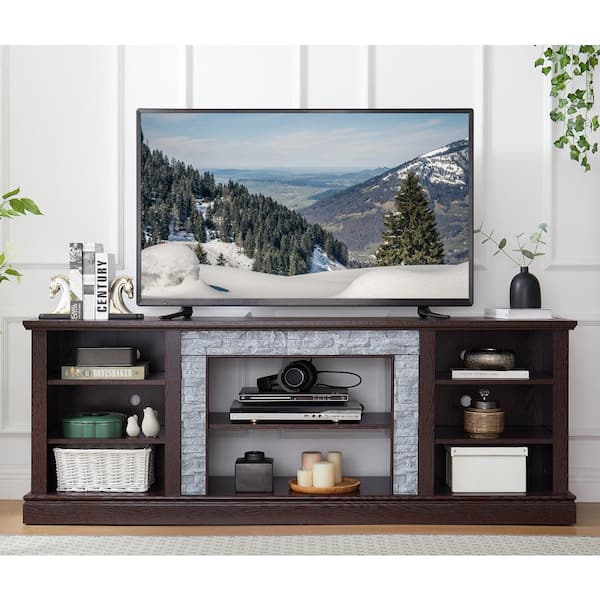 70.12 in. W x 15.35 in. D x 25.83 in. H, Cherry Large Faux Stacked Stone TV Stnad  with Large Storage Cabinet