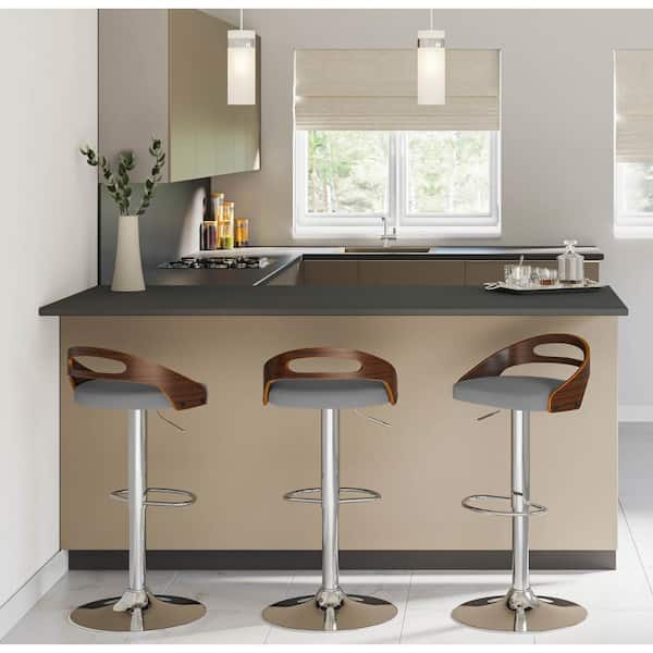 Lumisource Cassis 32.75 in. Grey Faux Leather, Chrome Metal and Walnut Wood Adjustable Barstool (Set of 3)