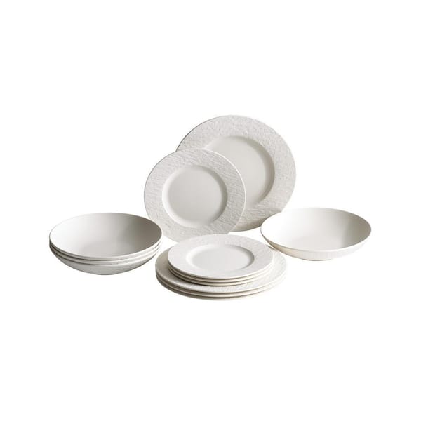Manufacture Rock Blanc Service for Four 12-Piece Porcelain Dinnerware Set
