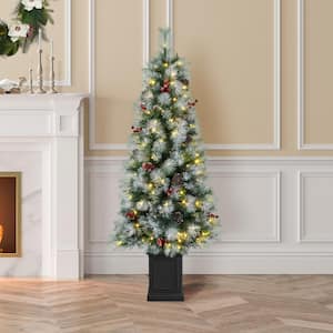 5 ft. Pre-Lit Pine Artificial Christmas Porch Tree with 150 Warm White Lights, Pine Cones and Red Berries
