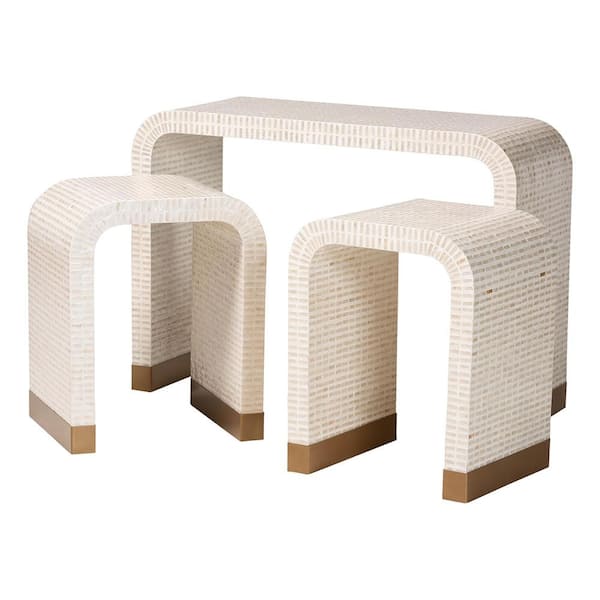 Carlyn 42.9 in. Beige and Gold Waterfall Capiz Shell Table Set with 3 Pieces