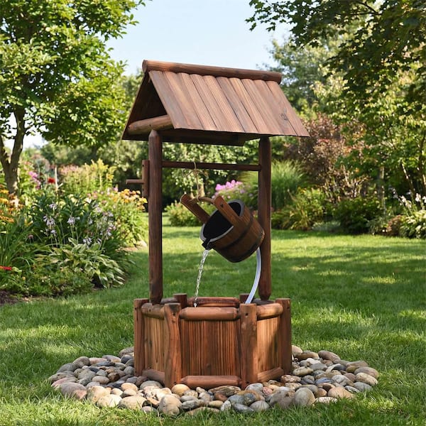 Costway Fir Wood Wishing Well Fountain Outdoor Electric Backyard