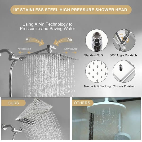 9-Spray Wall Mount Dual Shower Head and Handheld Shower Head with 11 in. Extension Arm Height/Angle Adjustable in Chrome