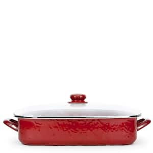 10.5 qt. Solid Red Enamelware Oven Safe Roasting Pan with Lid