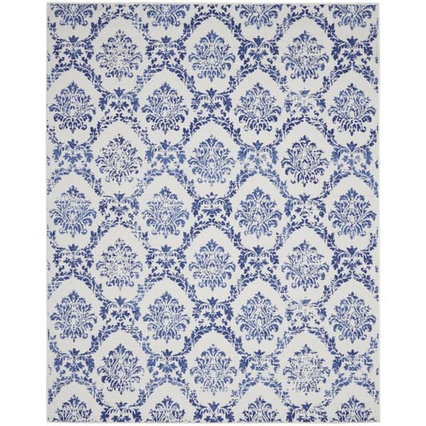 7 ft. x 10 ft. White and Blue Damask Distressed Non Skid Area Rug