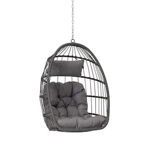 Modern Outdoor Garden Wood Rattan Egg Swing Chair Hanging Chair Porch Swing with Light Gray Cushion