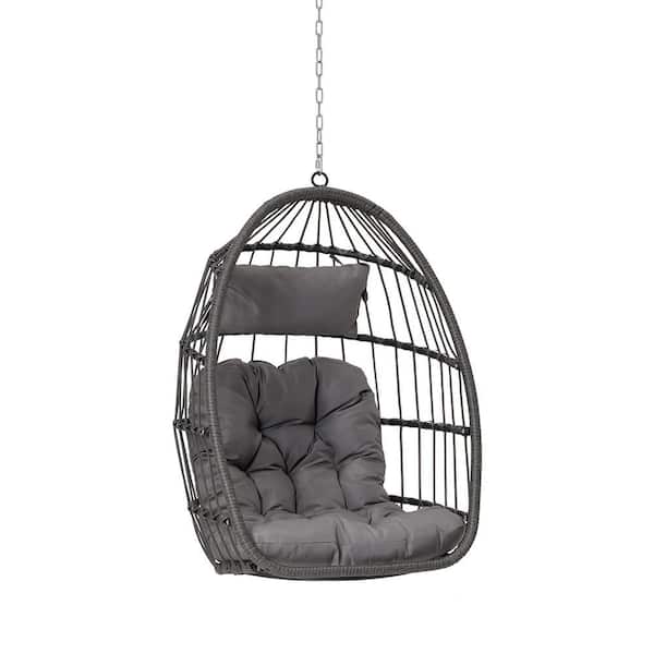 Modern Outdoor Garden Wood Rattan Egg Swing Chair Hanging Chair Porch Swing with Light Gray Cushion