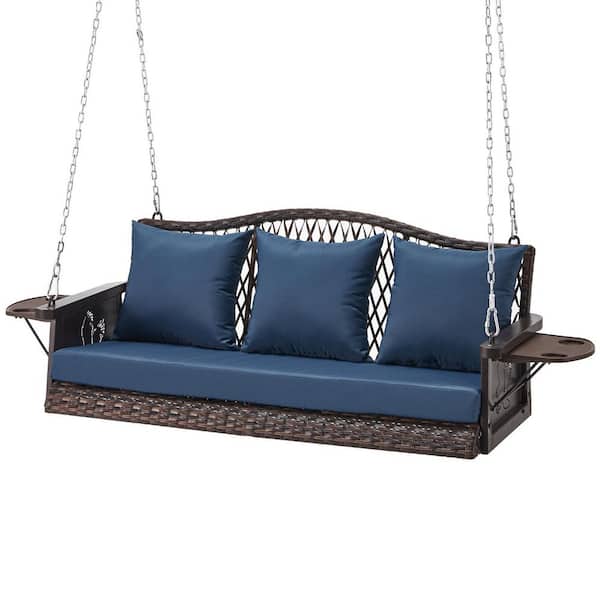 3-Person Brown Wicker Porch Swing with Blue Cushions, Woven-Rattan Back