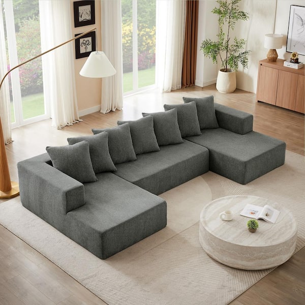 128 in. W Square Arm Chenille 6-Piece U-Shaped Sectional Sofa in Gray with Ottoman