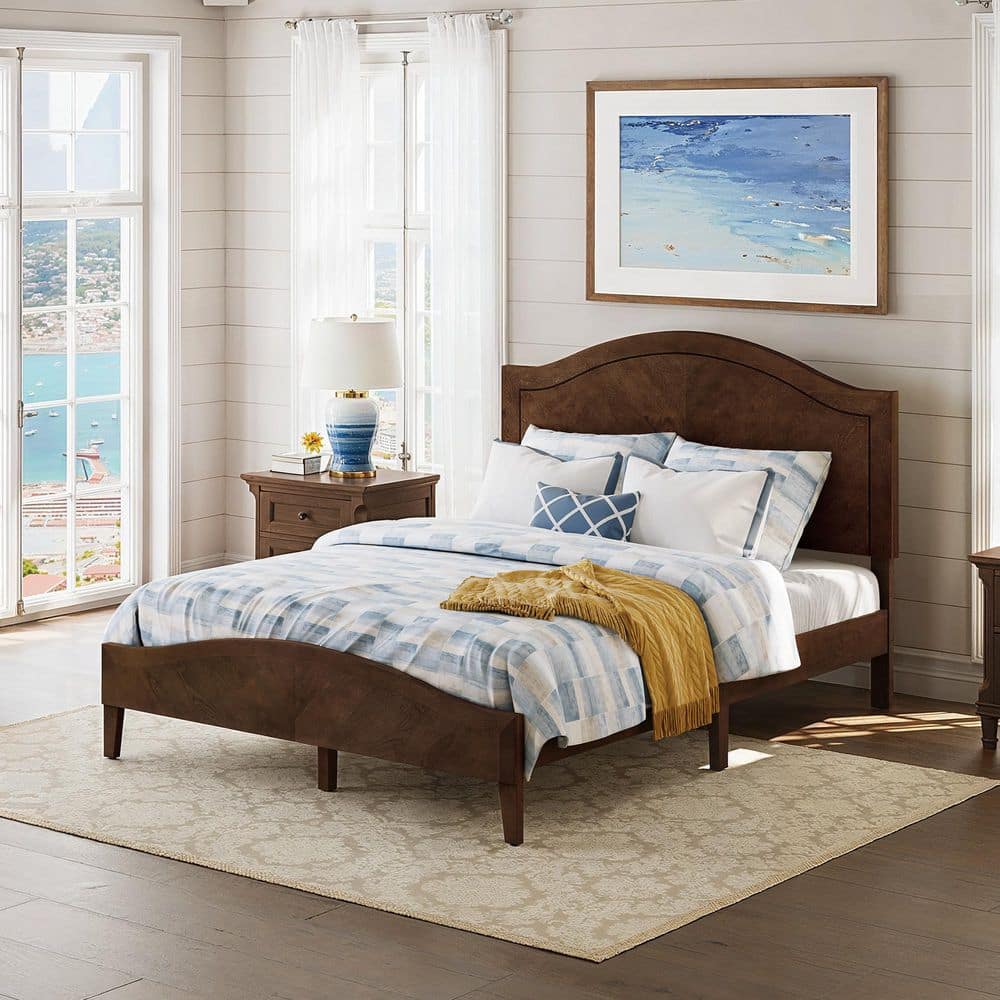 OrangeOne Dark Walnut Brown Mid-Century Modern Solid Wood Bed