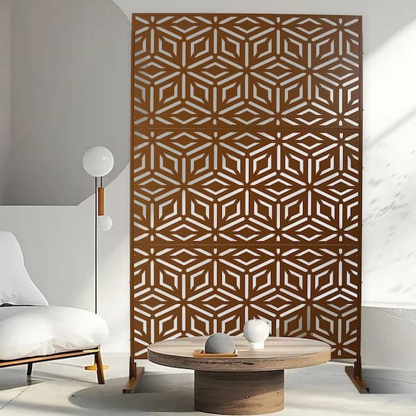 76 in. x 48 in. Freestanding Decorative Privacy Screen Brown Metal for Outside Lawn Garden