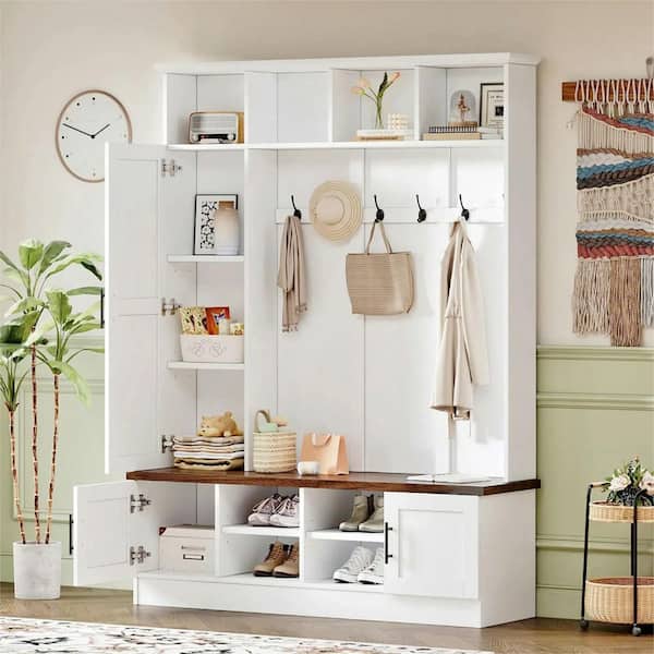 Farmhouse Hall Tree with 6 Hooks, Walnut Storage Bench with Adjustable Shelves, Storage Space, White plus Deep Walnut