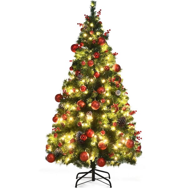 WELLFOR 5 ft. Pre-Lit LED Classical Artificial Christmas Tree with 150 LED Light and Red Berries and Ornaments