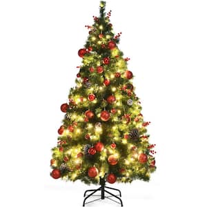 7 ft. Pre-Lit LED Classical Artificial Christmas Tree with 350 LED Light and Red Berries and Ornaments