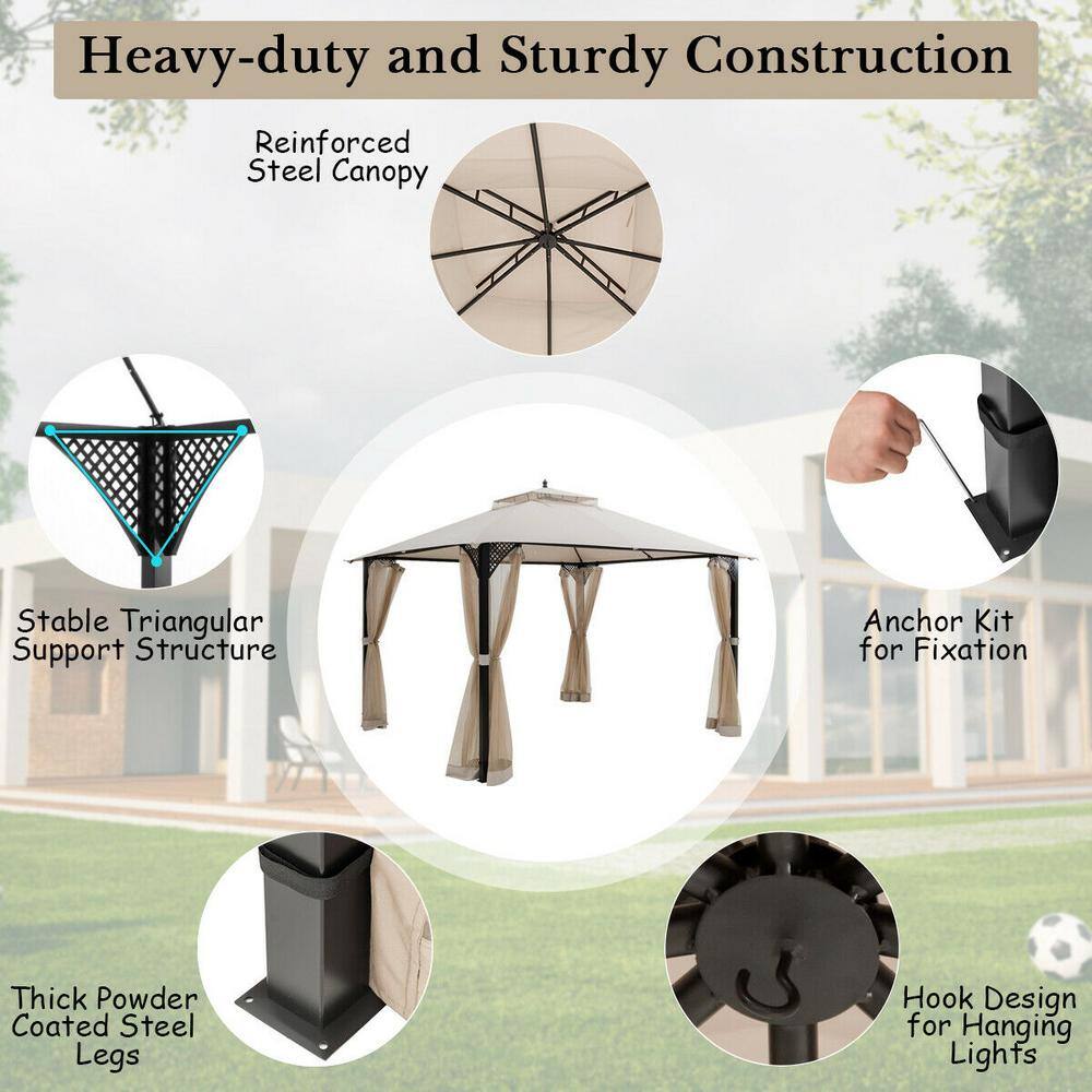Beige 12' x 10' Steel Frame Patio Gazebo with Netting