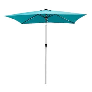 6-1/2 ft. x 10 ft. Rectangle Aluminum Market Solar LED Lighted Tilt Patio Umbrella in Aqua Blue Solution Dyed Polyester