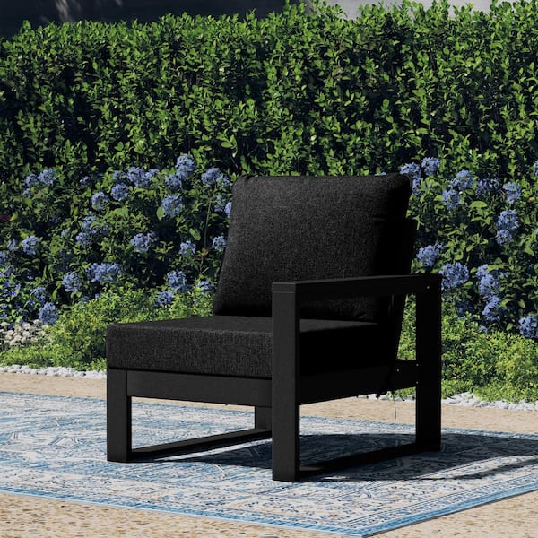 Endless Outdoor Patio Deep Seating Right Arm Chair with Black Plastic Frame and Black Side Tie Cushions