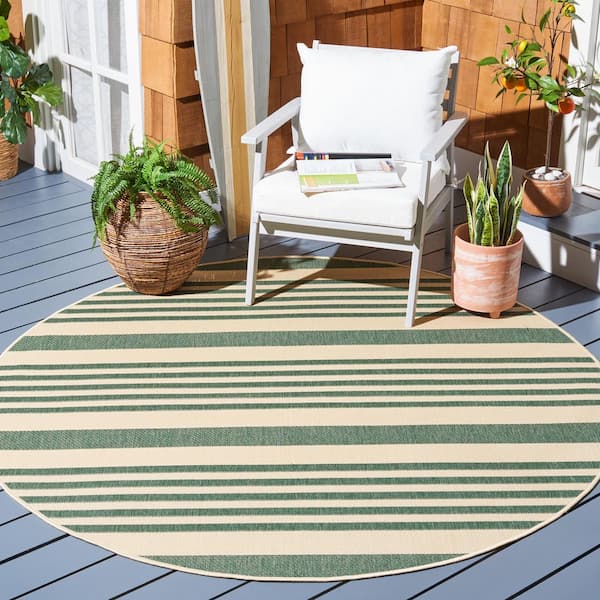 Courtyard Beige/Dark Green 3 ft. x 3 ft. Striped Indoor/Outdoor Round Area Rug