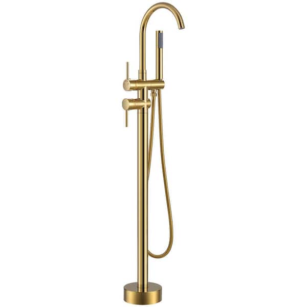 Double-Handle Claw Foot Tub Faucet Freestanding Floor Mount Roman Tub Faucet with Waterfall Spout in Polished Gold