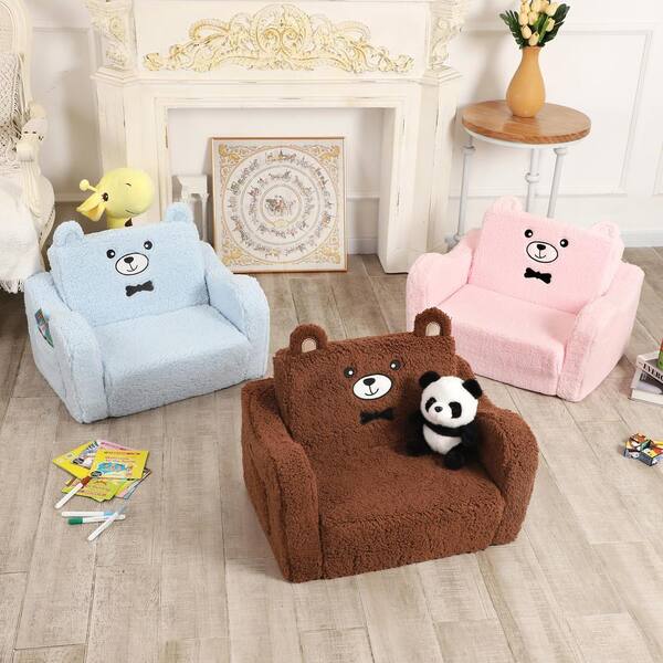 Angel Sar Brown Polyester 2-in-1 Kids Sofa Chairs, Teddy Bear