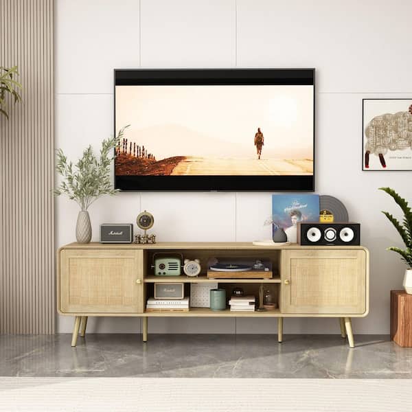 FUFU&GAGA Burly Wood Grain Yellow TV Stand Entertainment Center Fits TV's up to 85 in. with 4 Shelves, 2 Holes and 2 Doors