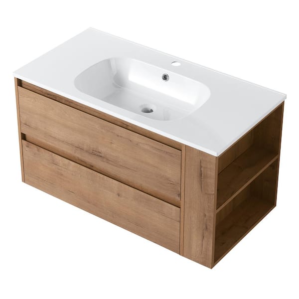 MYCASS 35.60 in. W x 18.10 in. D x 19.40 in. H Gel Sink Top Floating Bath Vanity in Imitative Oak with 1-White