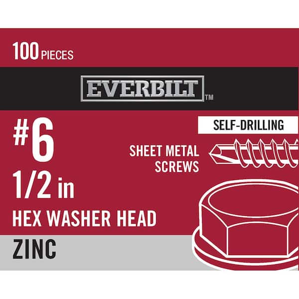Everbilt #6 x 1/2 in. Zinc Plated Hex Head Sheet Metal Screw (100-Pack)