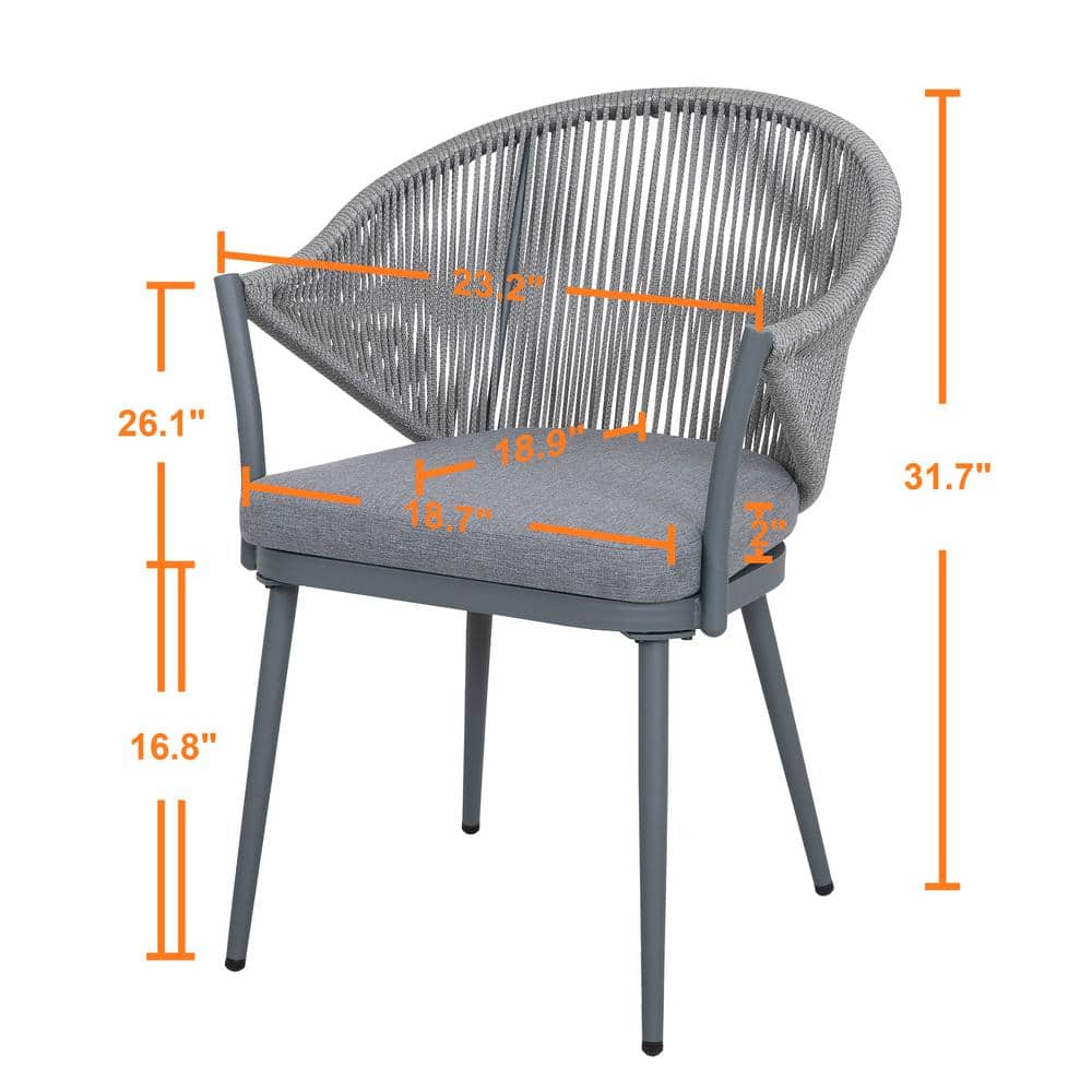 Gray Aluminum Rope Dining Chairs with Cushions, Set of 2