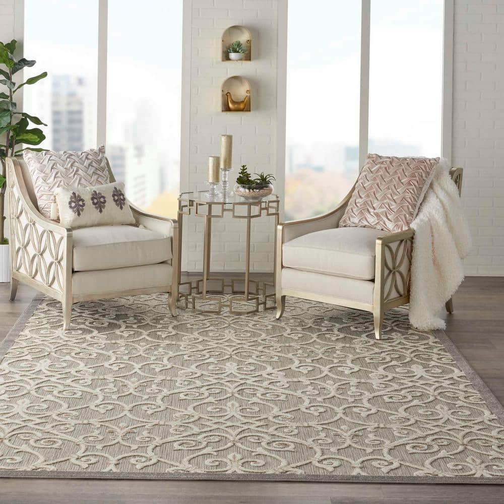 Natural Gray Flat Woven Floral Rectangular Area Rug