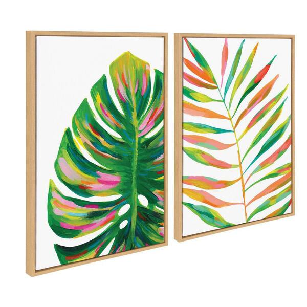 Kate and Laurel Sylvie EV Monstera and EV Palma No 2 Framed Canvas Wall Art Set by Jessi Raulet of Ettavee, 2 Piece 18x24 Natural, Colorful Plant