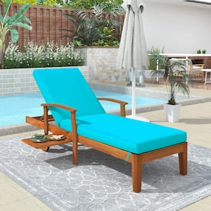 Brown Acacia Wood Outdoor Patio Lounge Chair Chaise Lounge with Wheels, Sliding Cup Table and Blue Cushions (1-Pack)