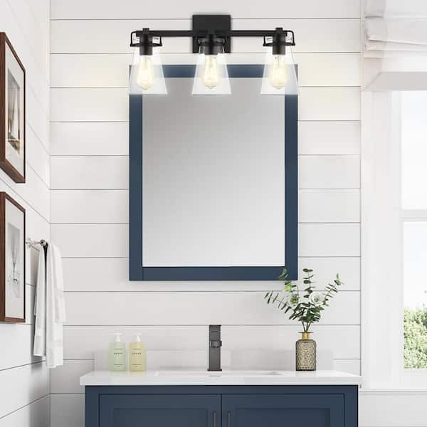 35 Radiant Bathroom Lighting Ideas Over Mirror  Black bathroom, Black  vanity bathroom, Black floor tiles