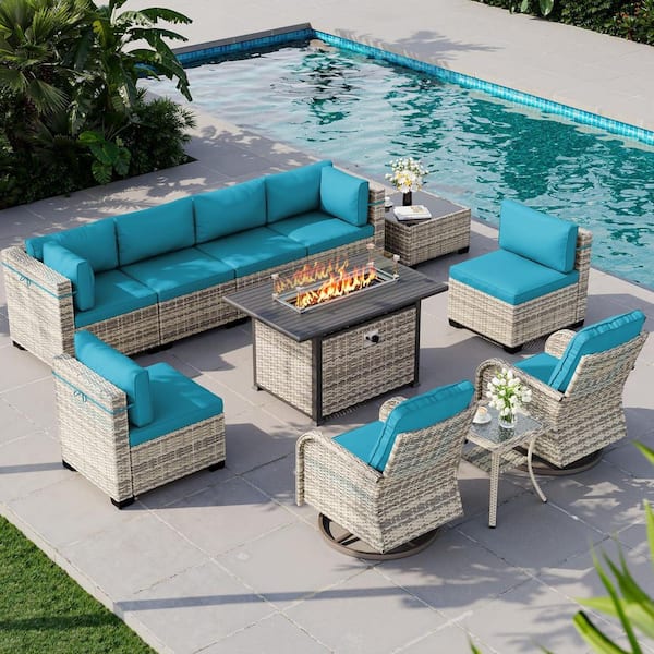 11-Piece Wicker Patio Conversation Set with 55,000 BTU Fire Pit Table and Glass Top Table with Turquoise Cushions