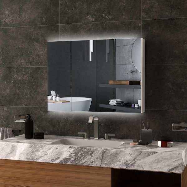 Unbranded White 26 in. H x 36 in. W Bathroom Wall-Mounted Mirror with 3-Color Light Storage and Adjustable Shelf (USB Charge)