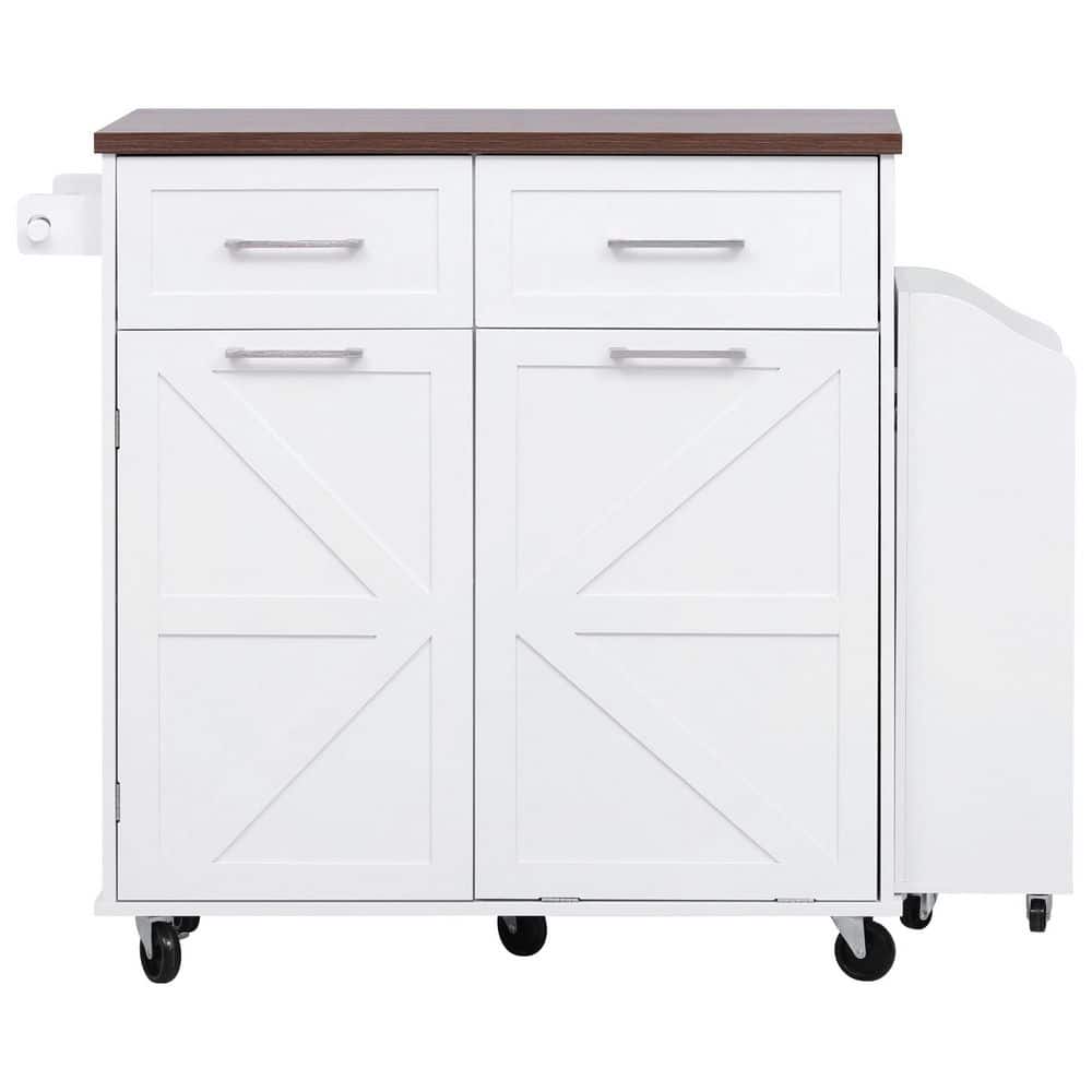 White Wood 47.2 in. Farmhouse Kitchen Island with Drop Leaf and Removable Side Racks, 2-Drawers