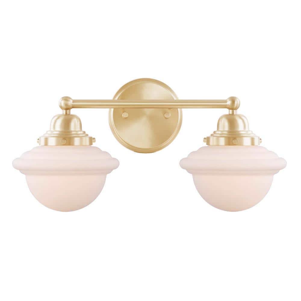 Warm Brass 2-Light Vanity Fixture with White Glass Shades