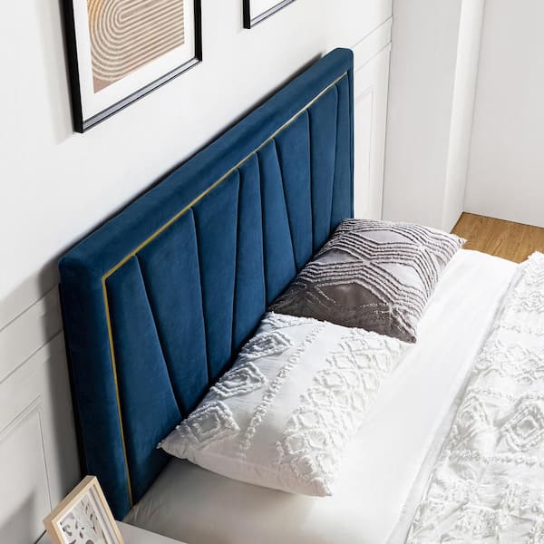 JAYDEN CREATION Curtis 64 in. W Navy Upholstered Tufted Adjustable Height Headboard with Solid Wood Legs-Blue Family