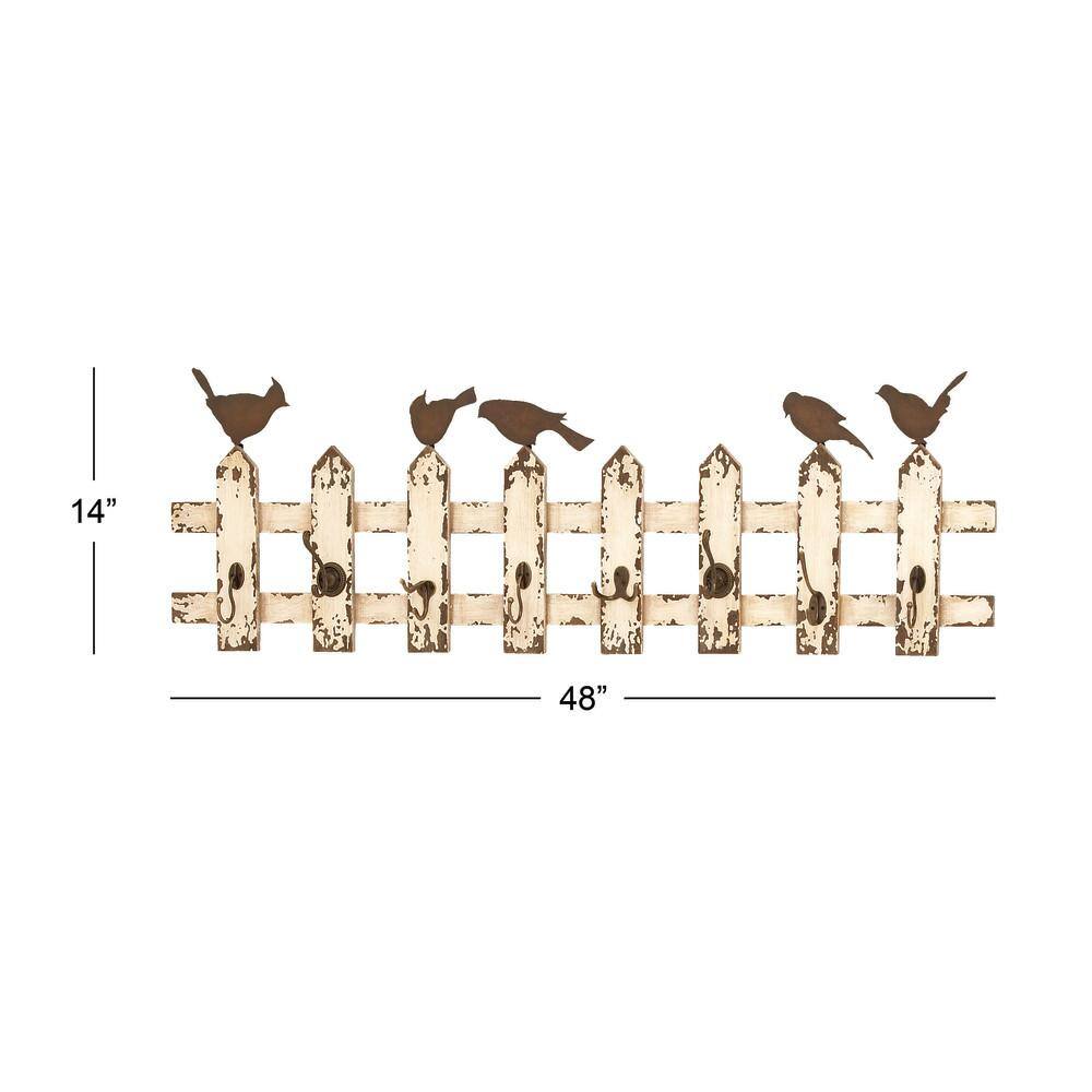 Cream Weathered Wood and Metal Bird Wall Hook Rack
