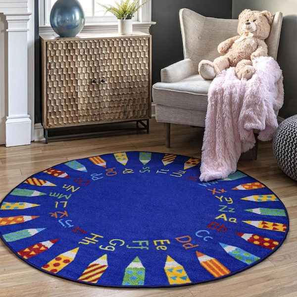 Rainbow Alphabet Blue 5' Round Rug