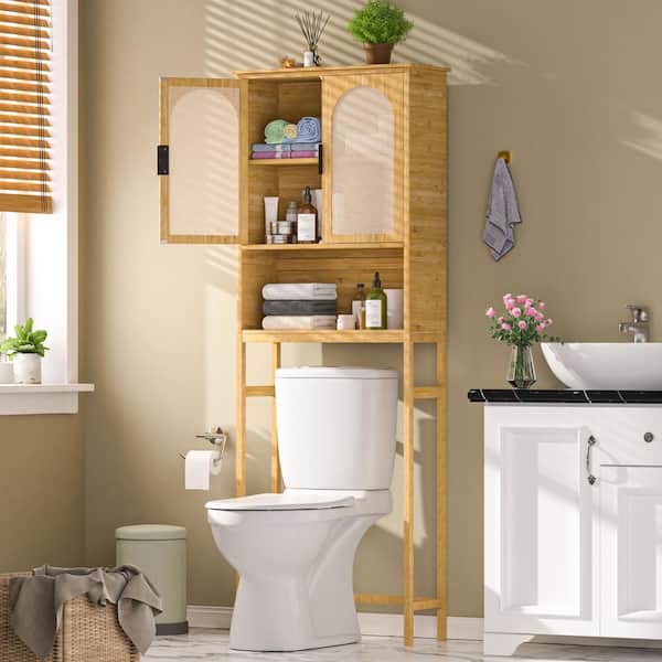 Yellow Bamboo Over-The-Toilet Storage Cabinet 24.4 in. W x 66.9 in. H x 9.5 in. D with 3-Shelf and Rattan Doors