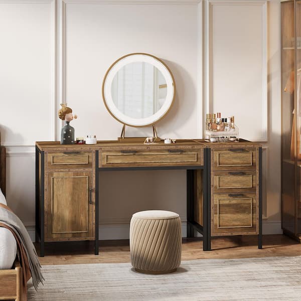 BYBLIGHT Helotes Farmhouse Brown Wood Makeup Vanity Desk with 5 Drawers, Storage Cabinet for Bedroom (without Mirror and Stool)