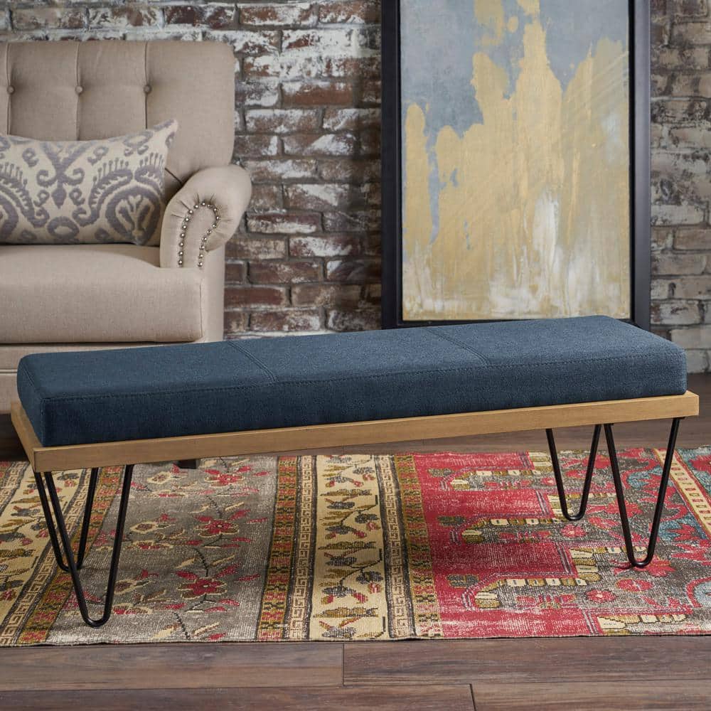 Elaina Navy Blue Upholstered Bench with Faux Pine Veneer and Iron Legs
