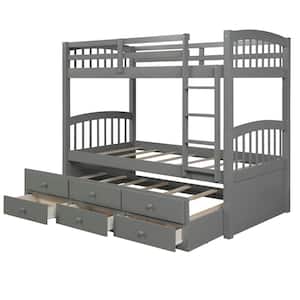 Gray Twin Over Twin Bunk Bed with Trundle and Drawers, Wood Bunk Bed Frame with Guardrails, Can be Convertible to 2 Beds