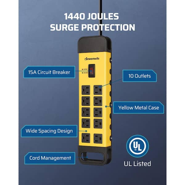 15 ft. 10-Outlets Heavy-Duty Metal Surge Protector Power Strip, Flat Plug, 1440 J