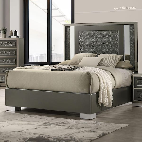 Jena Dark Gray Wood Frame King Platform Bed with LED on Headboard and Leaf Pattern Molding