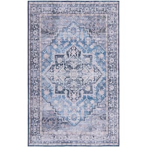 Tuscon Blue/Charcoal 4 ft. x 6 ft. Machine Washable Medallion Floral Border Area Rug